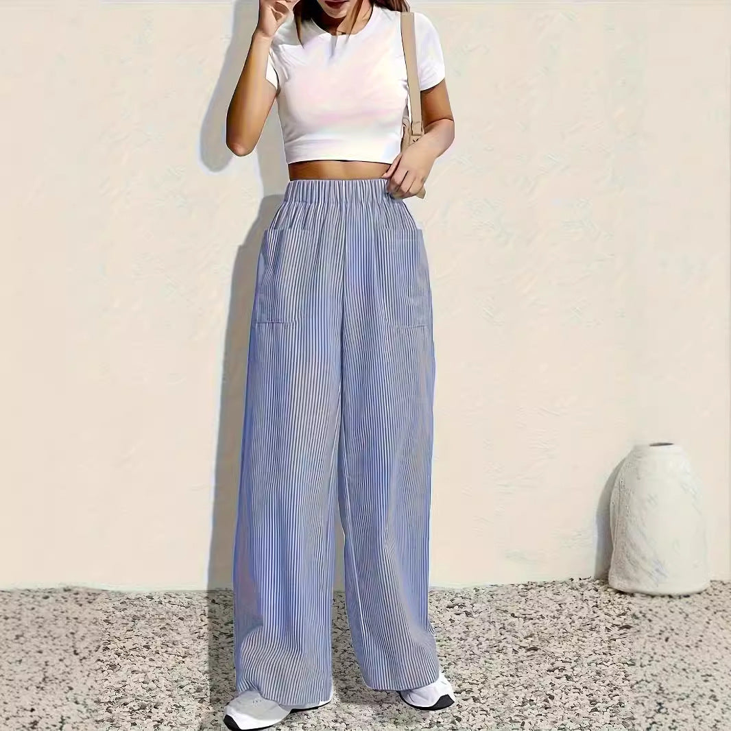 Women Clothing Spring Summer Stripes Printed Elastic Waist Front Pocket Casual Loose Wide Leg Pants