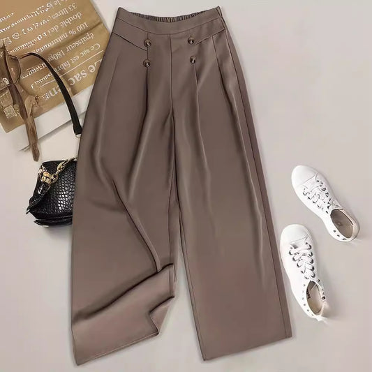 Loose High Waist Button Casual Pants Cropped Pants Wide Leg Women Pants