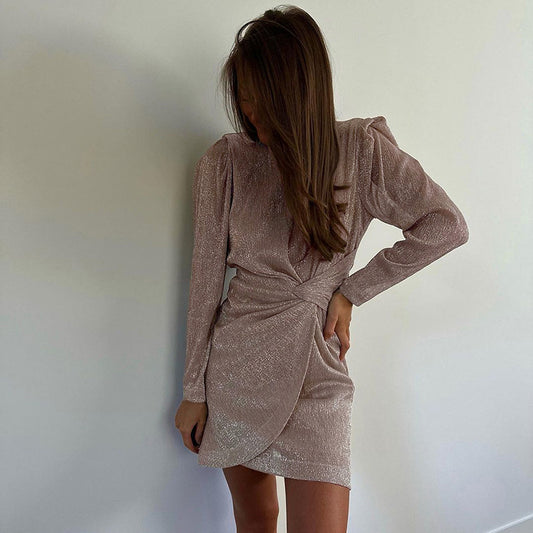 Women Clothing Early Spring Long Sleeve round Neck Twisted Waist Design Dress Sexy Hip Dress