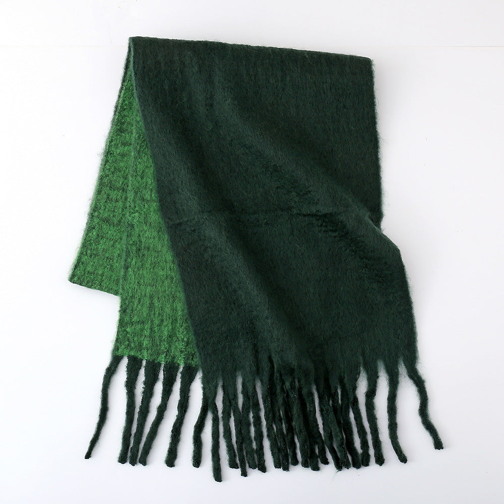 Scarf Women Winter Two Color Soft Glutinous Thickened Autumn Winter Thick Tassel Wild Couple Scarf One Size blackish green