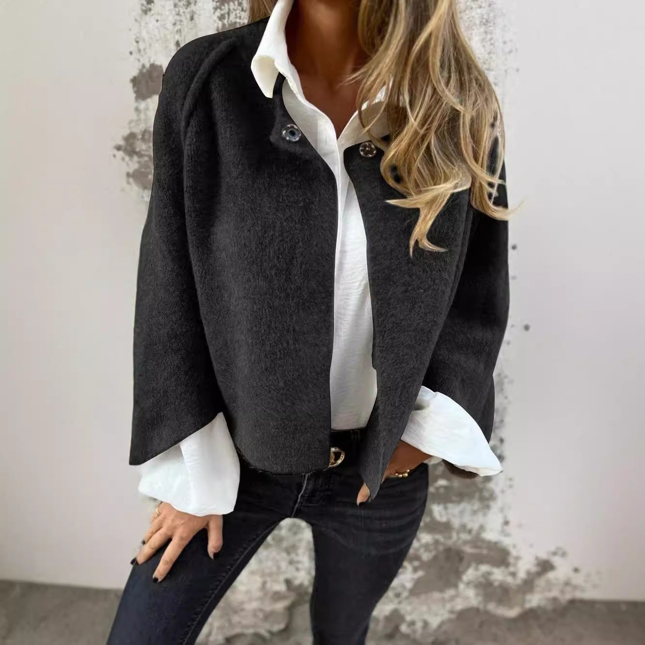 Autumn Winter Loose Short Cashmere Long Sleeve Coat