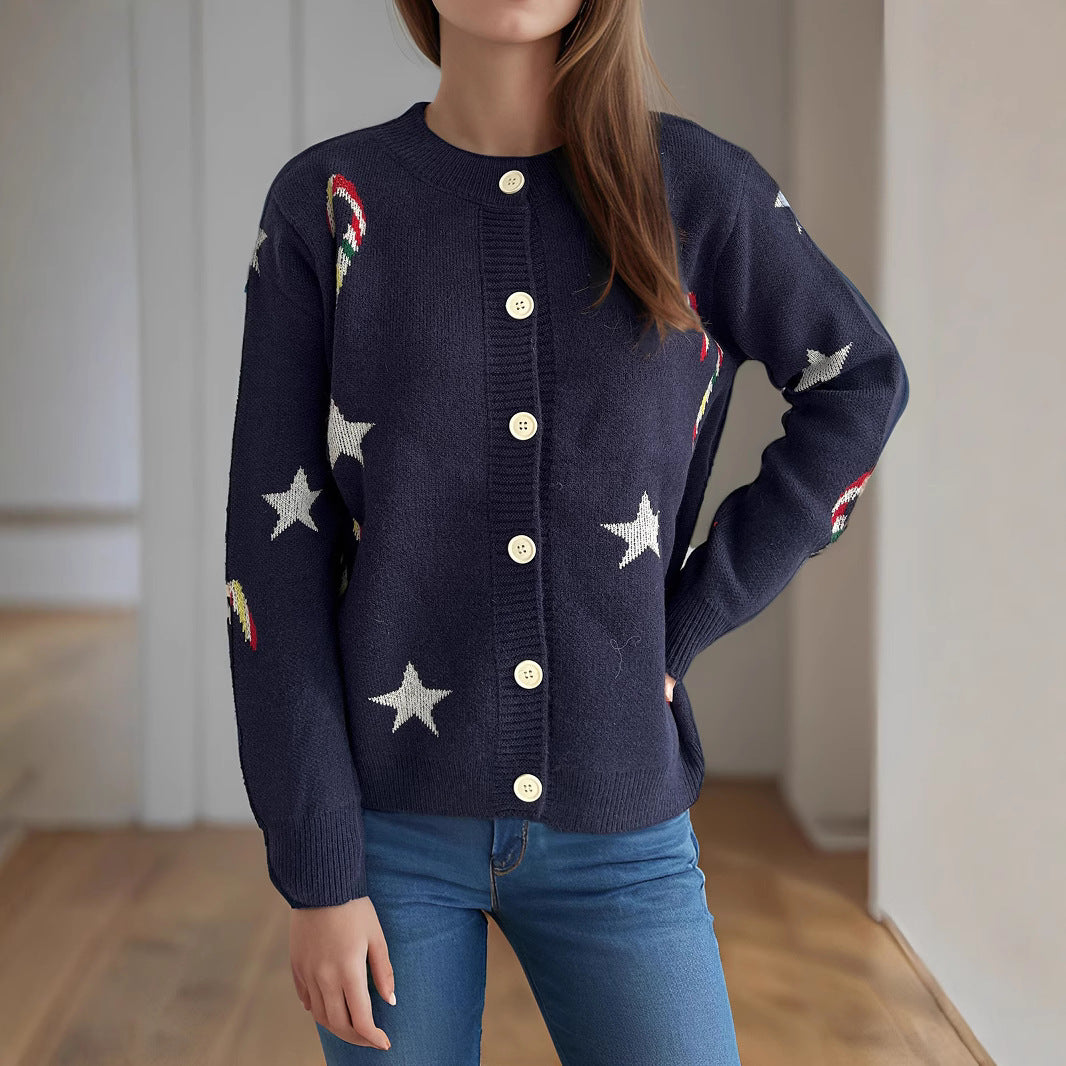 Autumn Winter Sweaters Women Knitted Cardigan Five Pointed Star Single Breasted Jacket