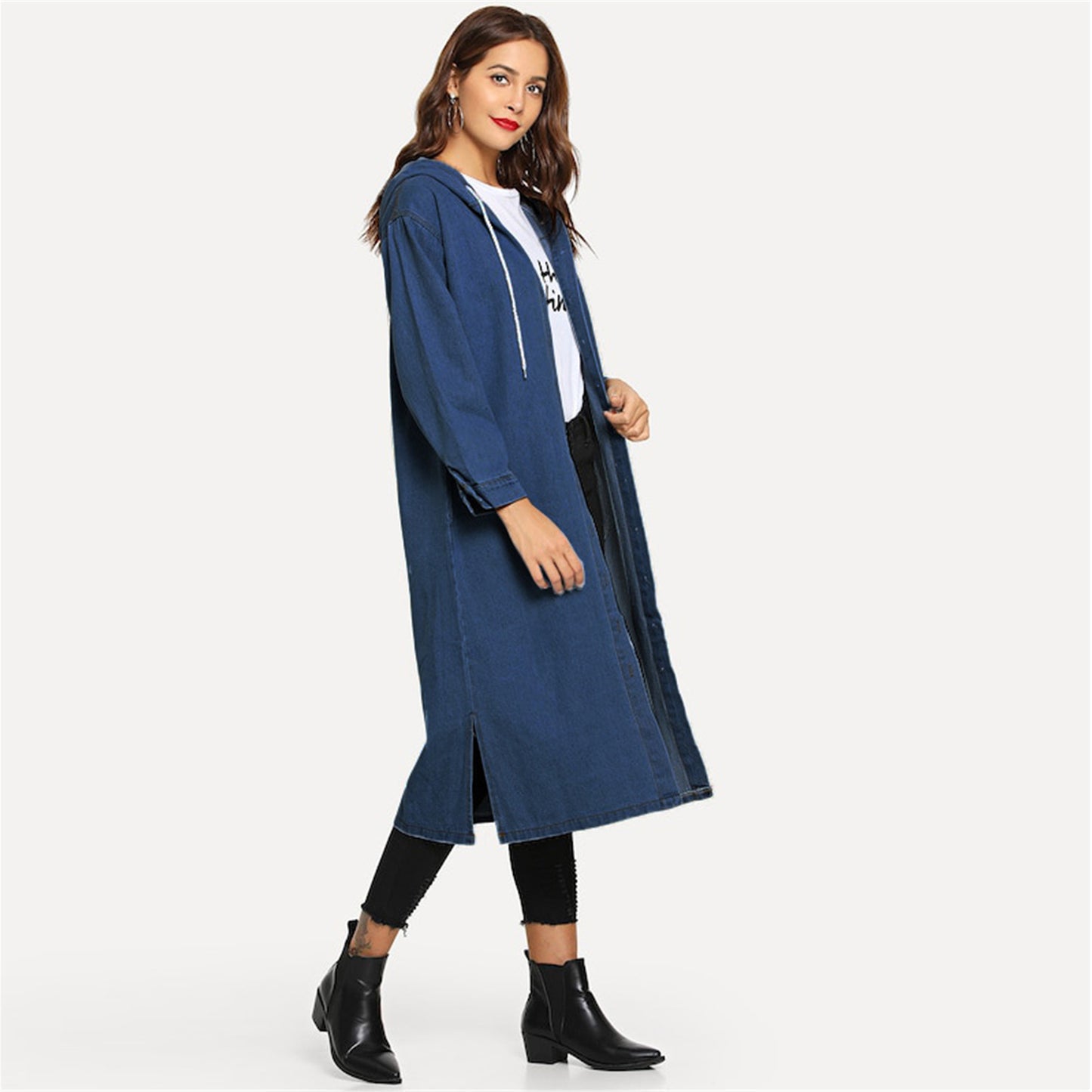 Plus Size Denim Jacket Women Autumn Winter Hooded Drawstring Mid Length Denim Coat Trench Coat