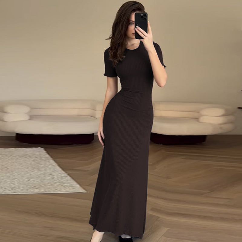 Women Clothing Summer Solid Color Slim round Neck Short Sleeve Dress