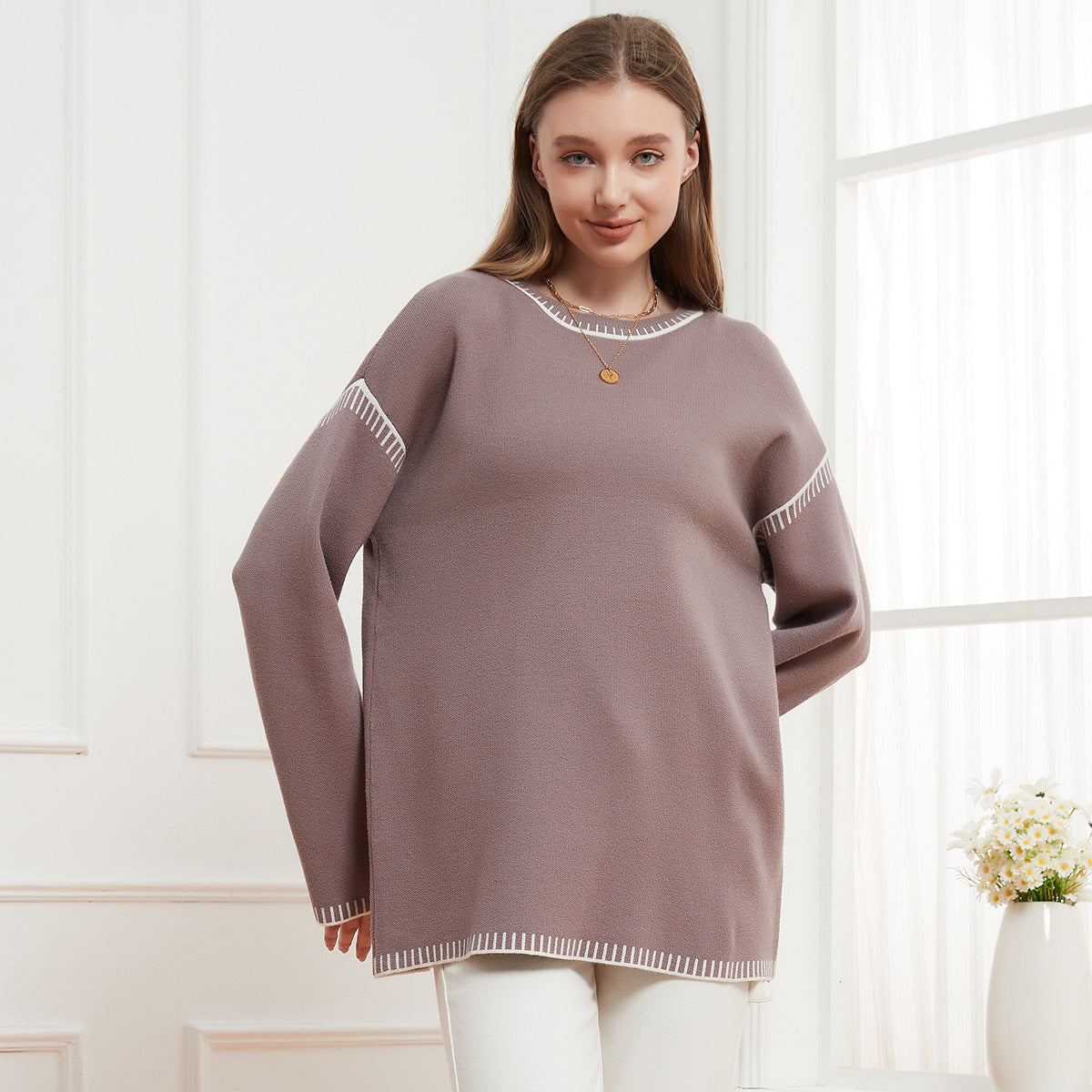 Round Neck Stitching Casual Sweaters Women Pullover