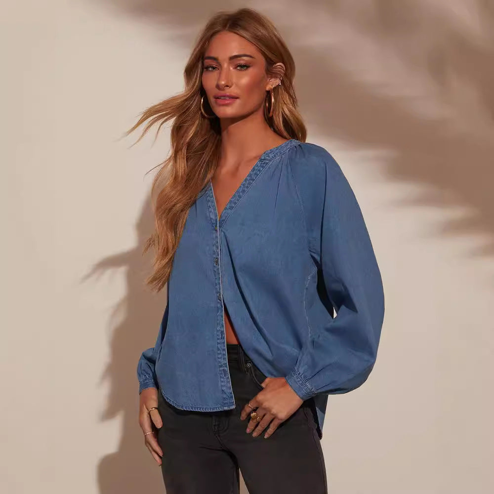 Women Clothing Autumn Casual Loose V neck Ordinary Washed Denim Long Sleeved Tops