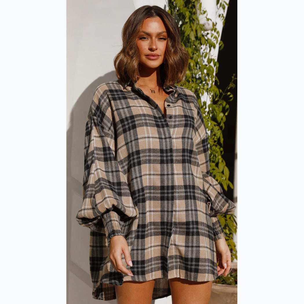 Casual Years Autumn Winter Plaid Lantern Sleeve Long Sleeve Shirt Light Brown