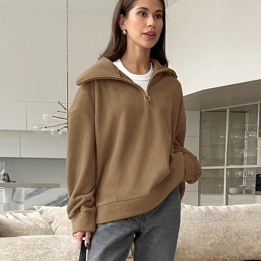 Autumn Winter Lazy Knitted Lamb Cashmere Beige Loose Fitting Casual Pullover All Matching Collared Sports Women Top