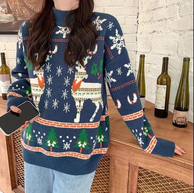 Christmas Sweater Autumn Winter Sweet Loose round Neck Pullover Long Sleeved Thickened Knitwear Sweater Women One Size Blue