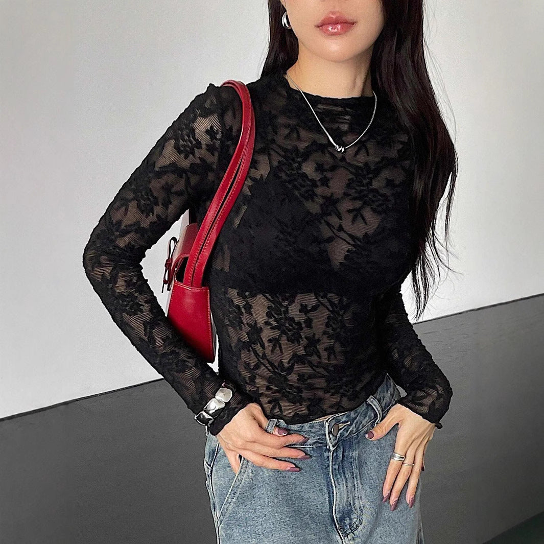 Women Small Stand Collar Transparent Lace Tight Long Sleeved T shirt Top Women