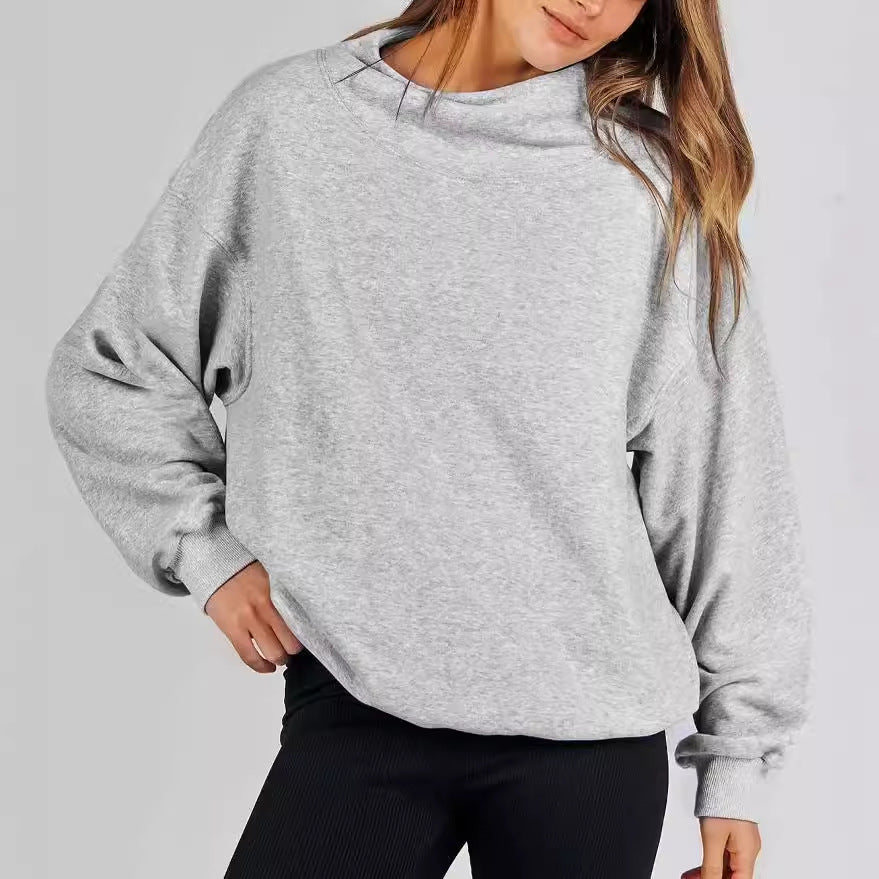 Autumn Winter Women Solid Color Stand Collar Sports Sweater