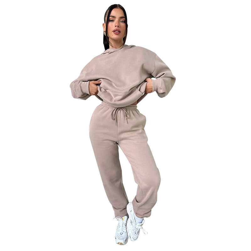 Autumn Winter Solid Color Long Sleeve Hooded Fleece Lined Sweater Women Casual Trousers sets Dried Shrimp Powder