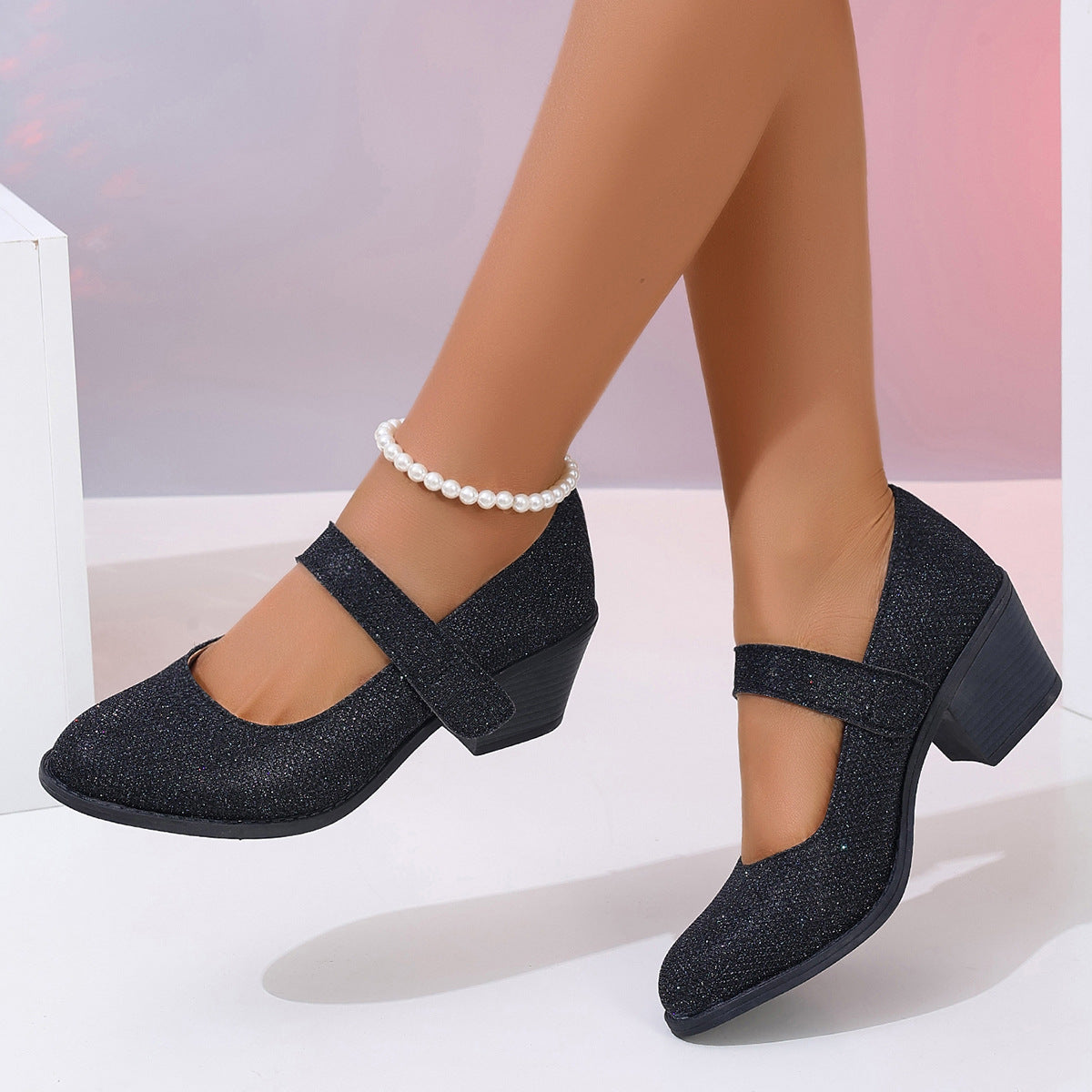 GREAT Chunky Heel Height Increasing Women Pumps Solid Color Comfort Women High Heel Single Layer Shoes High Heels Black