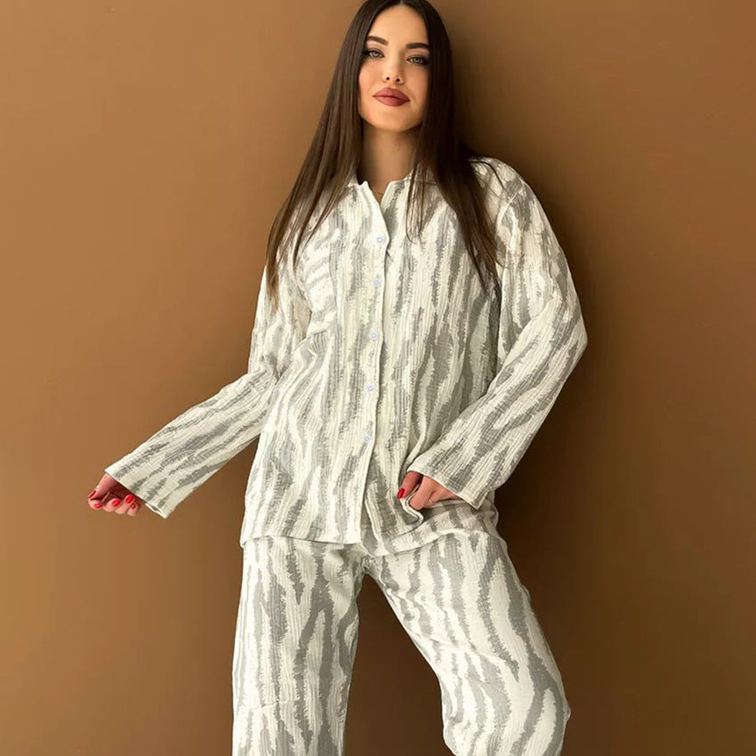 Cotton Loose Cardigan Casual Skin Friendly Pajamas Women Long Sleeved Trousers Printed Homewear Apricot