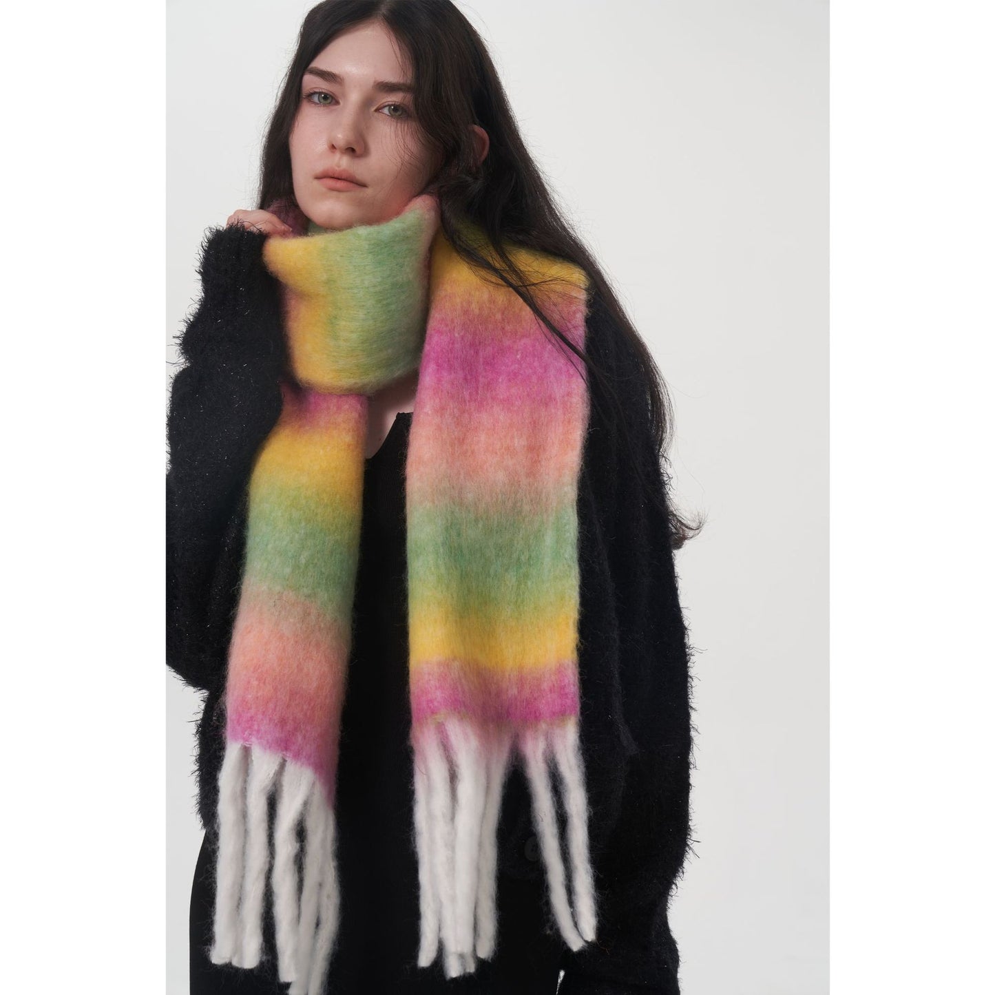 Autumn Winter Thick Warm Retro Gradient Wool Blended Textile Scarf Women One Size Multi