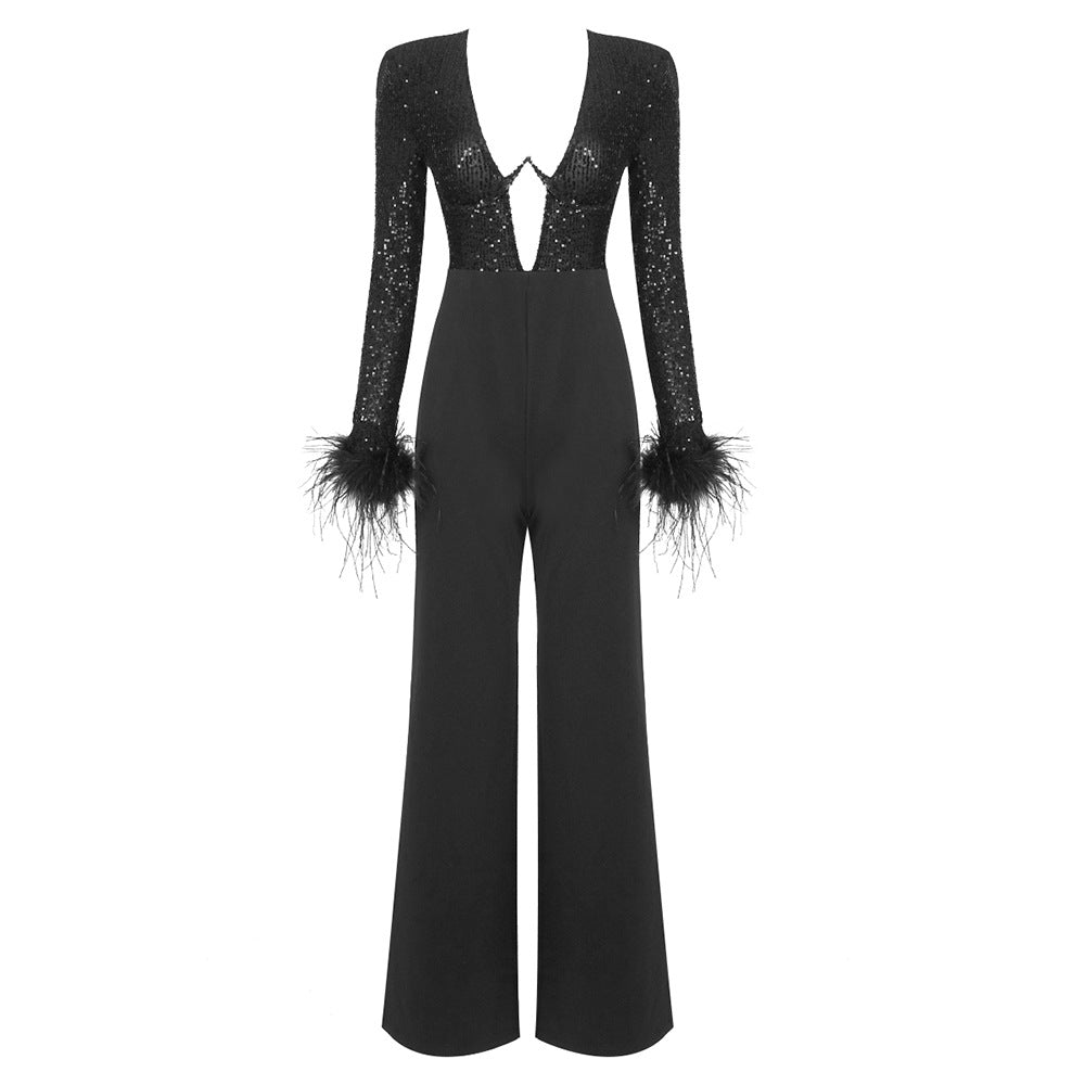 Women Clothing Spring Summer Black Long Sleeved Sequined Feather Jumpsuit Long Leg High Looking Jumpsuit