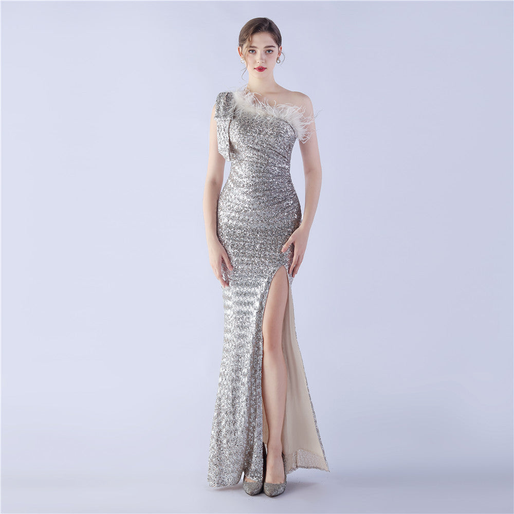 Craft Floral plus Ostrich Feather High End Sequined One Shoulder Evening Dress