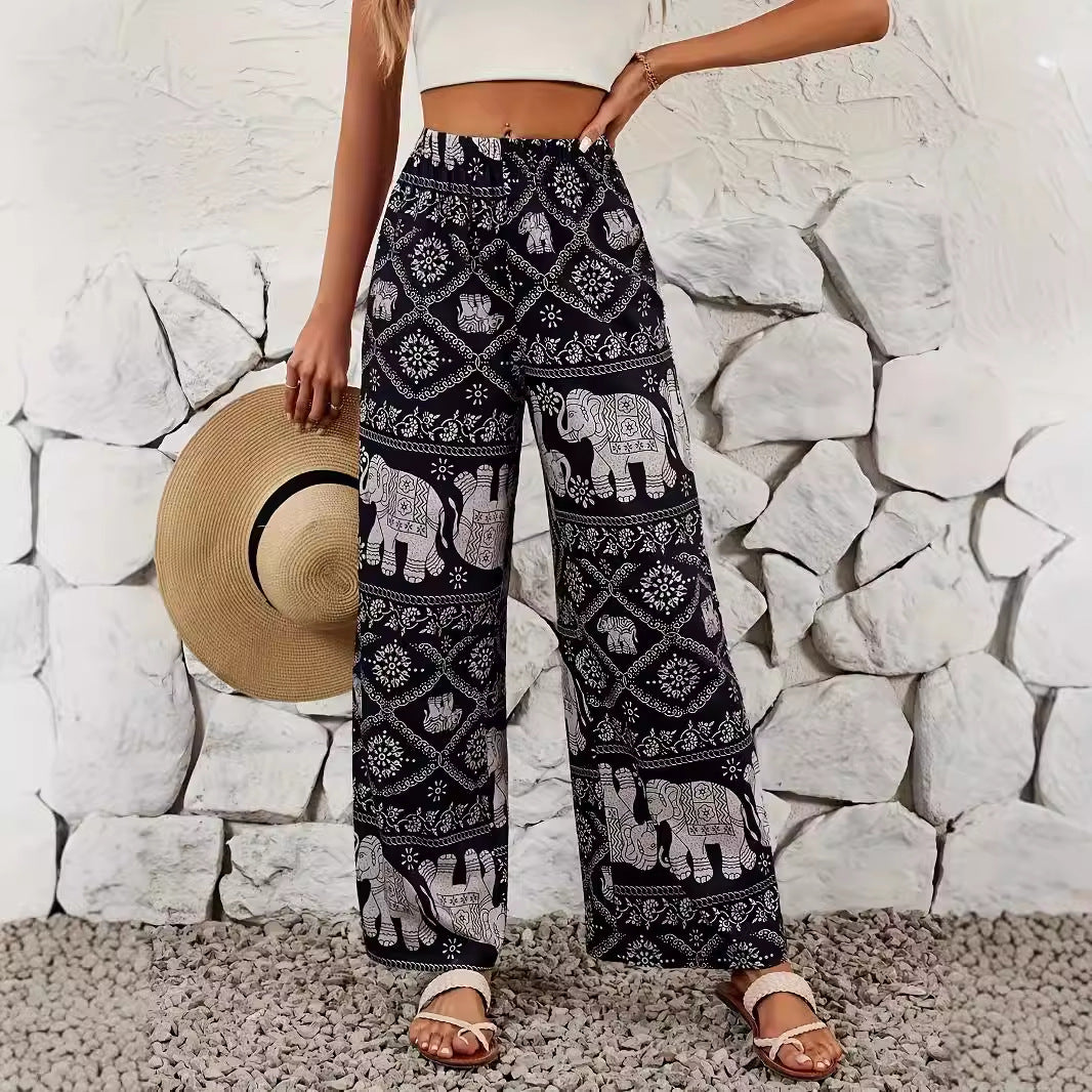 Spring Autumn Summer Bohemian Vacation Thailand Elephant Printed Casual Loose Drooping Wide Leg Pants