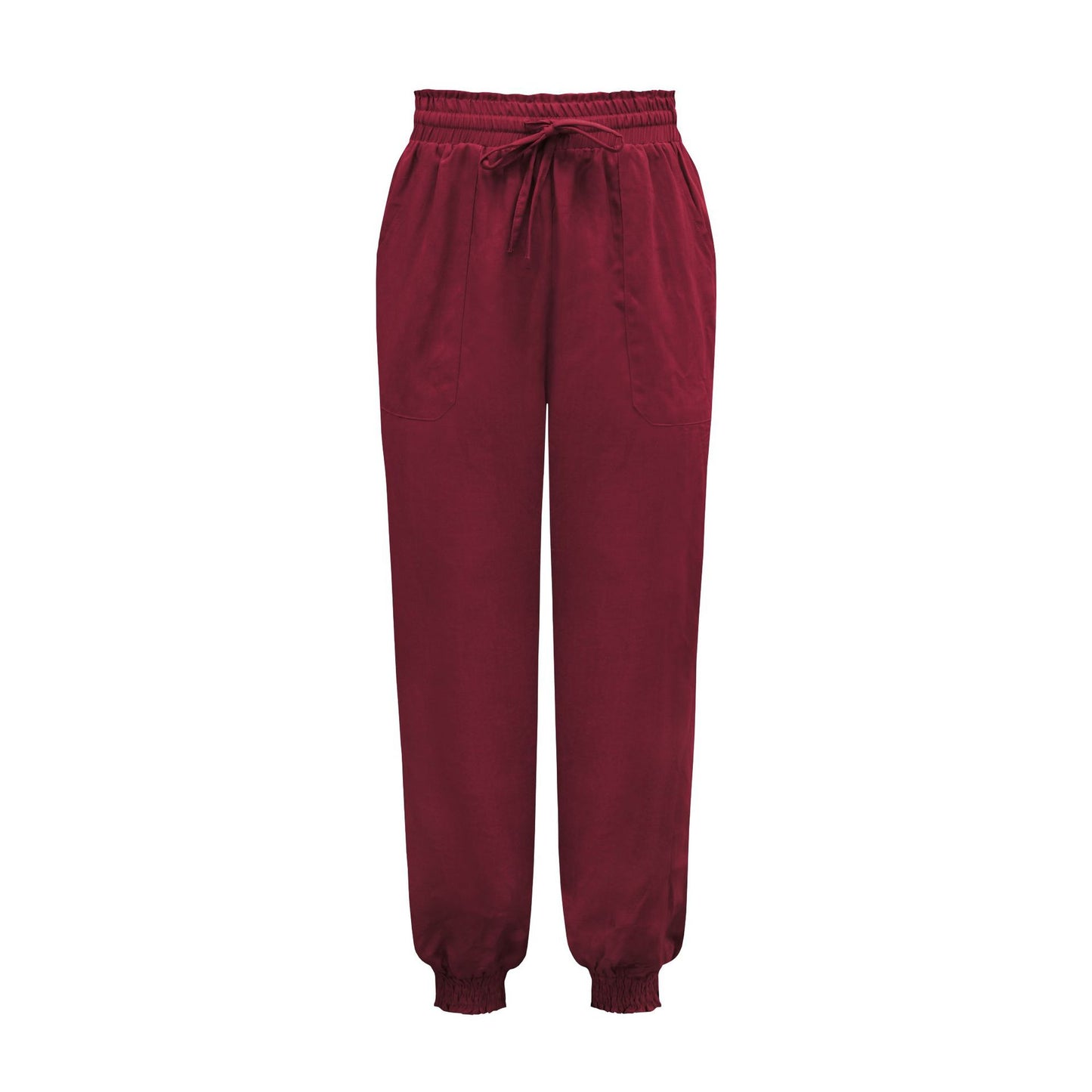 Spring Summer Women Clothing Solid Color Rayon Comfort Casual Trousers Drawstring Elastic Waist Harem Pants Wine Red