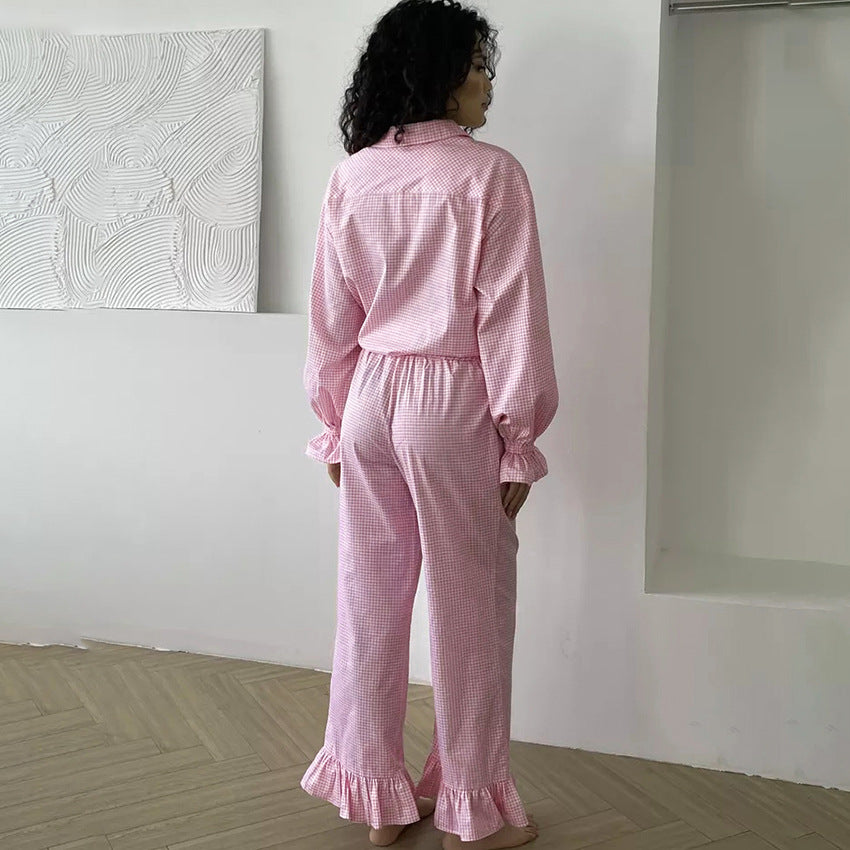 Fall Pink Plaid Retro Pajamas Ruffled Long Sleeved Cardigan Trousers Two Piece Home Wear Women