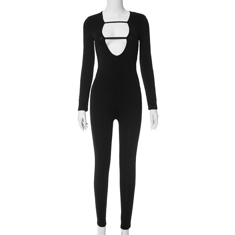 Women Clothing Autumn Winter Long Sleeve Hollow Out Cutout Sexy Sexy Jumpsuit Black