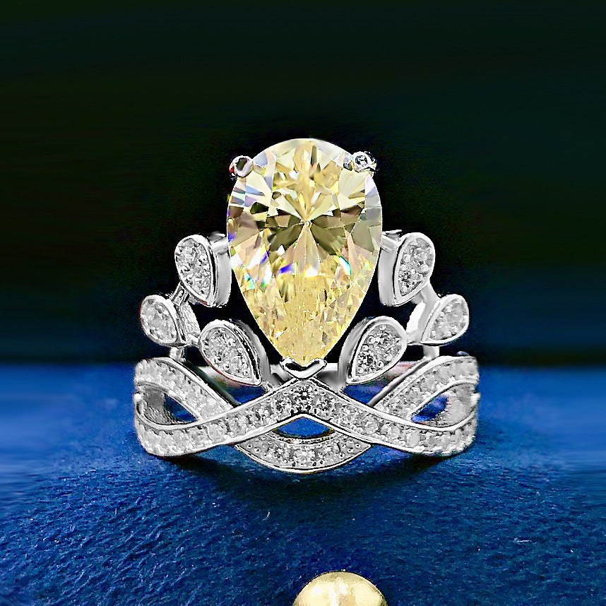 Pear Shaped Water Drop Personality Yellow Diamond Crown Diamond Ring Women Special Shaped Diamond Ring