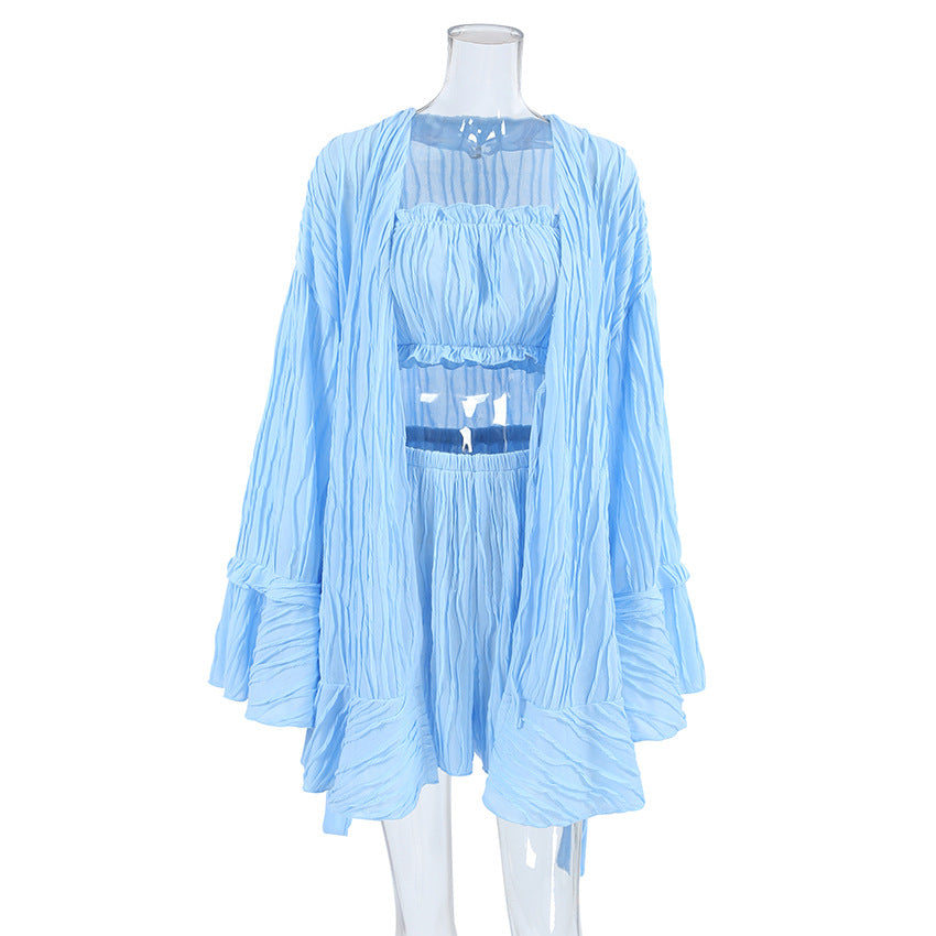 Ruffled Long Sleeve Nightgown Striped Tube Top Shorts Three Piece Pajamas Fall Home Wear Women Blue