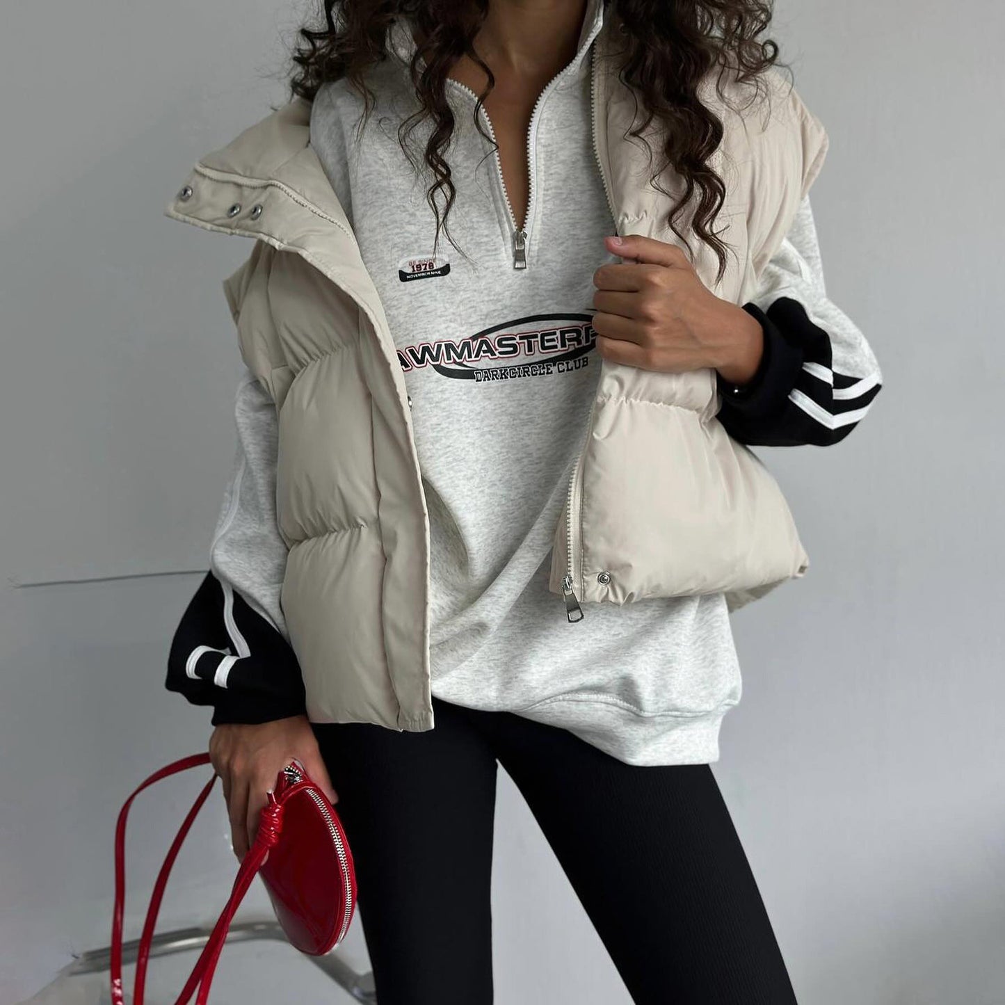 Street Sports Half Zipper Sweater Women Spring Autumn Retro Color Matching Letters Printed Ball Uniform Stand Collar Coat Light Gray