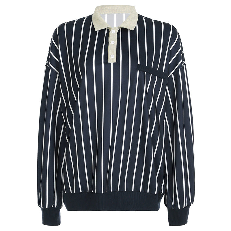 Street Retro Striped Polo Collar Loose Casual Large Hoody Trendy Brand Sexy Lazy Contrast Color Top Navy Blue