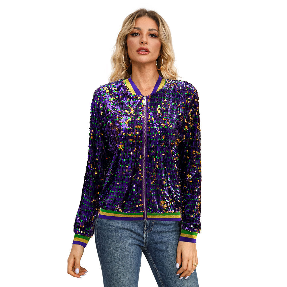 Long Sleeve Sequin Trendy Varsity Jacket Jacket Cardigan Women Clothes Coat Purple