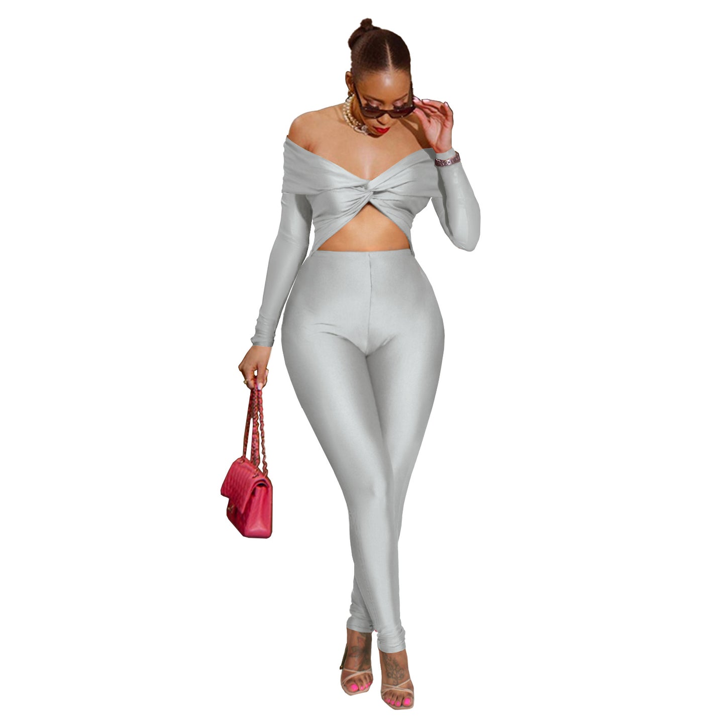 Women Clothing Collared Twist Hollow Out Cutout Cropped Sexy High Waist Long Sleeve Jumpsuit Silver