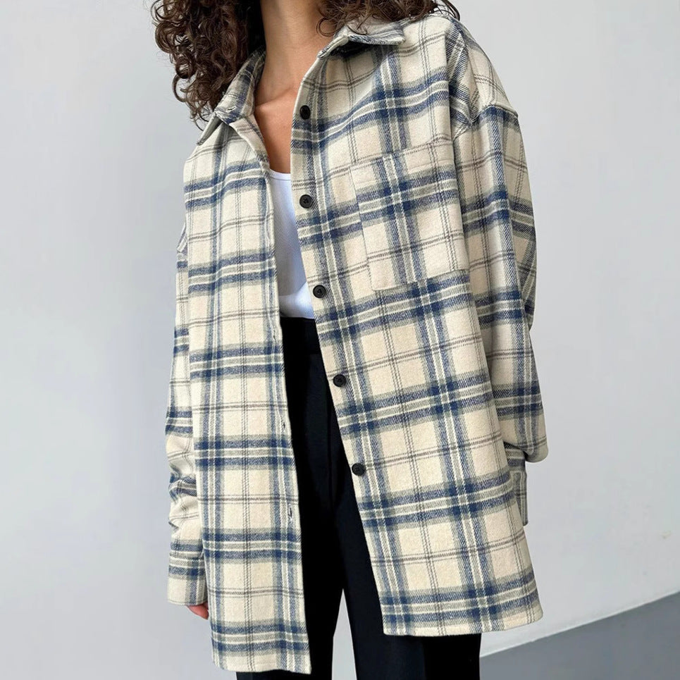 Collared Loose Plaid Long Sleeved Women Shirt