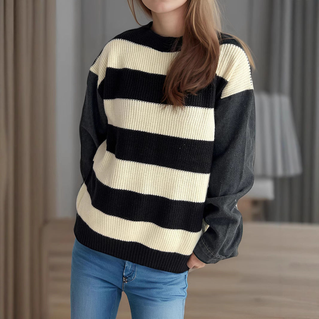 Denim Sleeve Splicing Knitwear Top Autumn Winter Office Striped Contrast Color Sweater Women