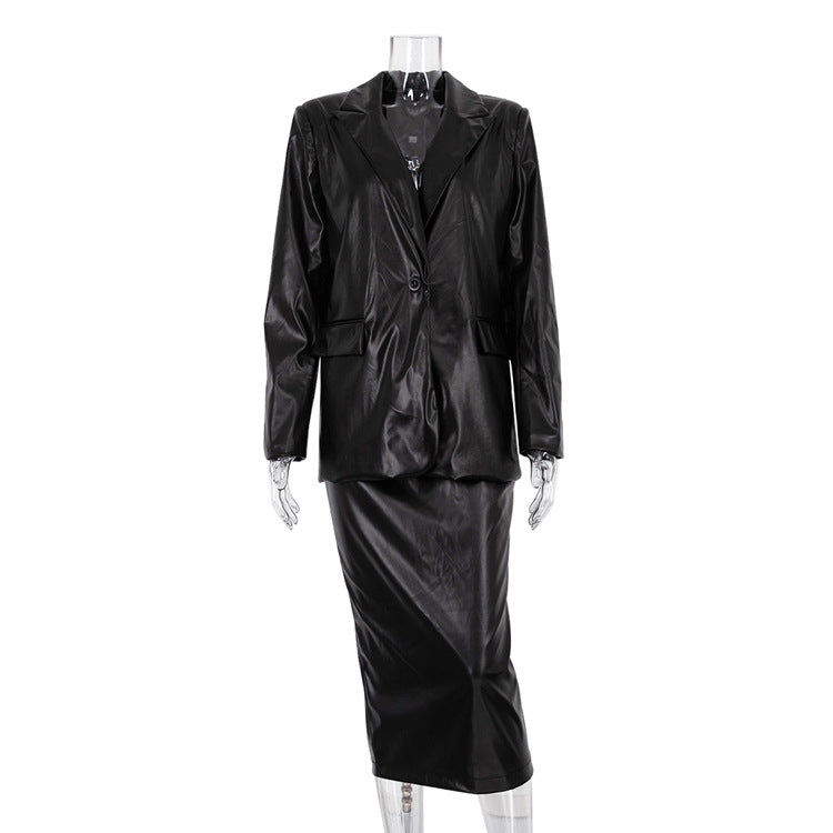 Women Clothing Early Spring Blazer Leather Skirt Set Black Office Two Piece Suit Black