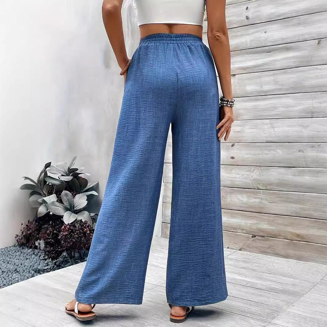 Ladies Spring Autumn Wide Leg Pants Mid Waist Elastic Waist Casual Trousers