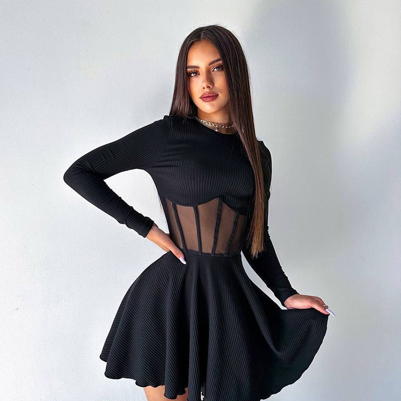 Fall Women Clothing Half High Collar Long Sleeves Mesh Patchwork See through Boning Corset Tight Waist Short Dress Black