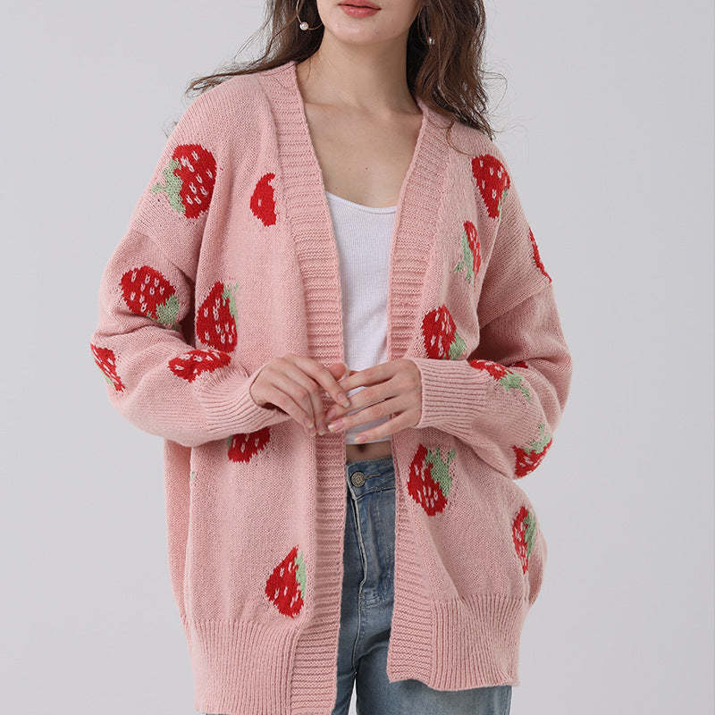 Autumn Winter Women Knitted Cardigan Comfort Casual Strawberry Pattern Sweater Cardigan Pink