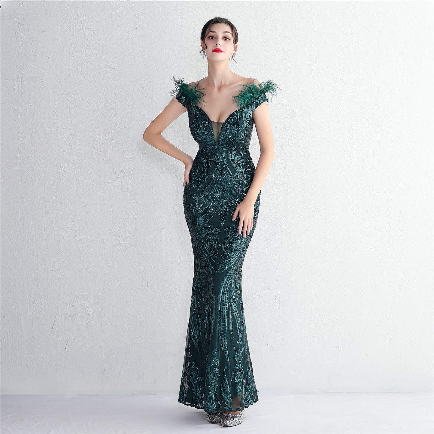 High Density Three Dimensional Strong Sequin Positioning Floral Craft Handmade Wool Cocktail Slim Fit Sexy Evening Dress blackish green