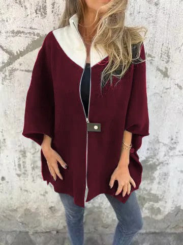 Autumn Winter Casual Loose Zip Stand up Collar Jacket Burgundy