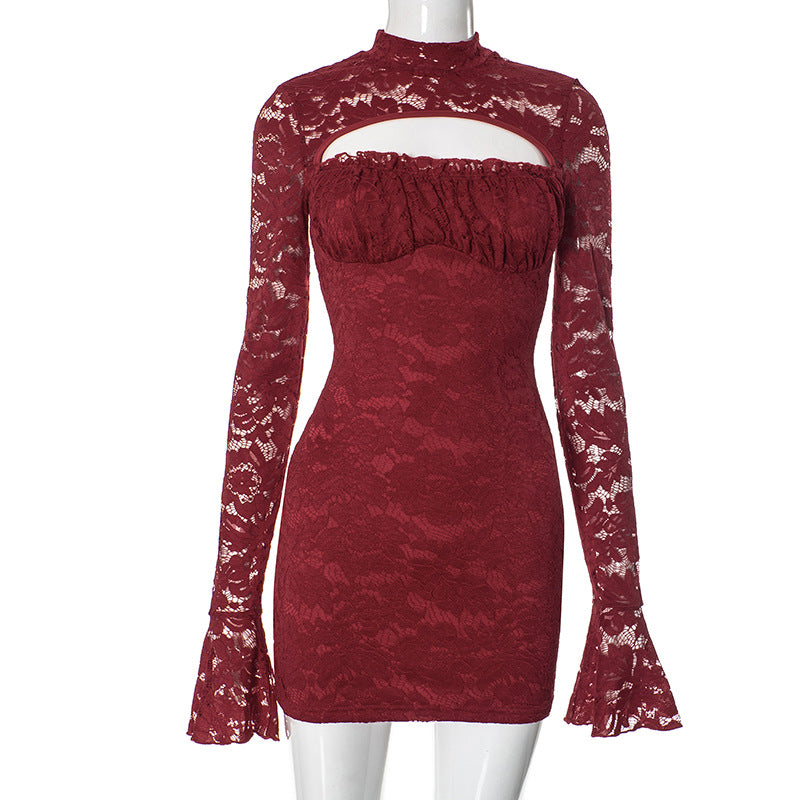 Women Clothing Lace Stitching Chest Hollow Out Cutout Flared Sleeve Waist Hip dress Burgundy