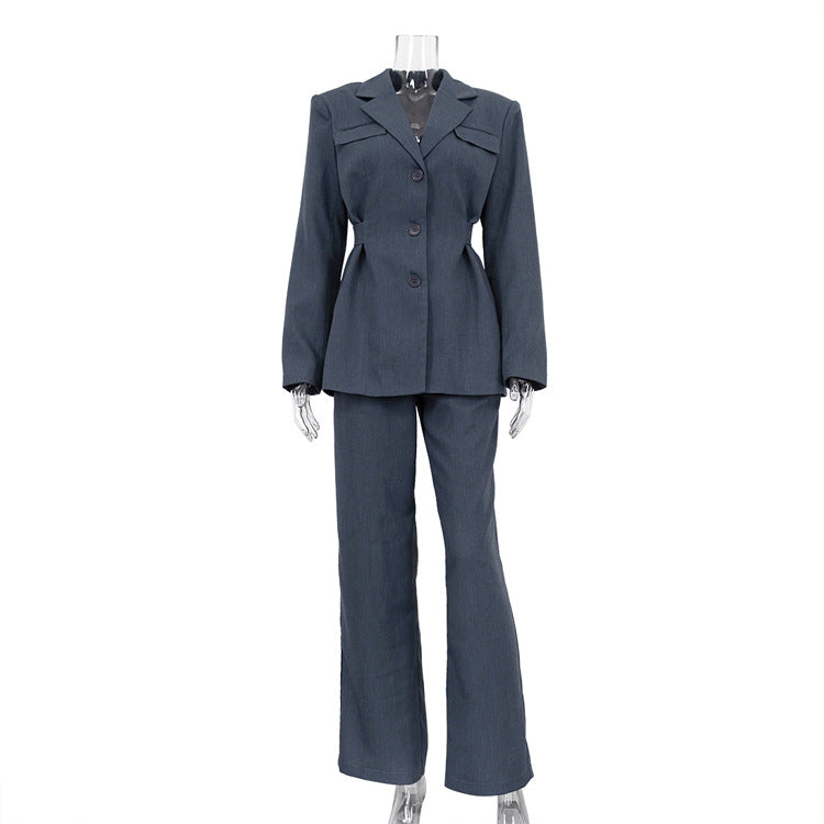 Women Clothing Spring High Sense Collared Waist Tight Blazer Casual Trousers Suit Suit Gray