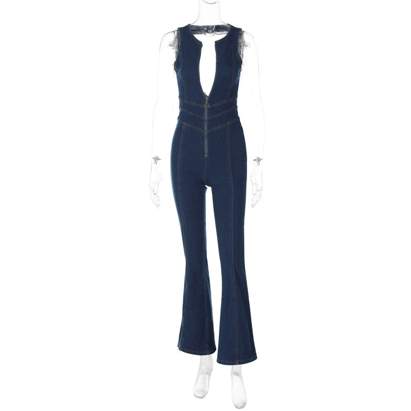 Women Clothing Summer Slim Fit Slimming Fashionable Backless Retro High Waist Denim Jumpsuit Blue