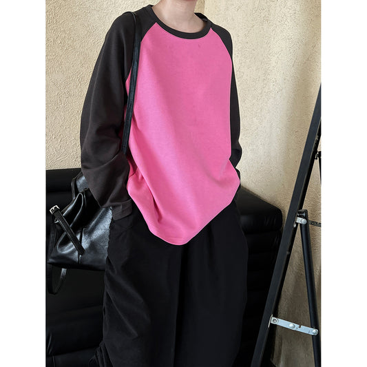 Retro Color Contrast Long Sleeve T Shirt Women Autumn Loose Sweater Niche Top