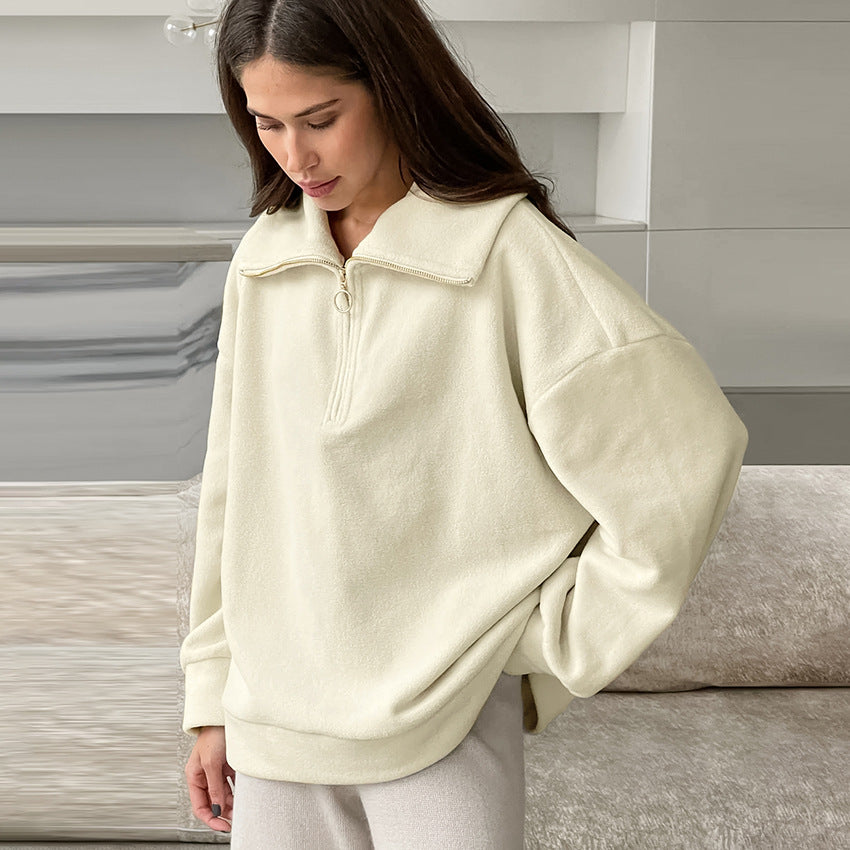 Autumn Winter Lazy Knitted Lamb Cashmere Beige Loose Fitting Casual Pullover All Matching Collared Sports Women Top Ivory