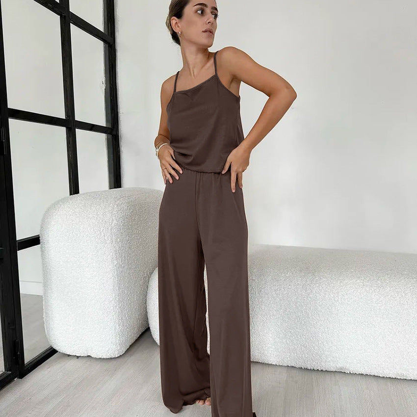 Casual Comfortable Knitted Suspender Trousers Pajamas Women Simple Loose Home Wear