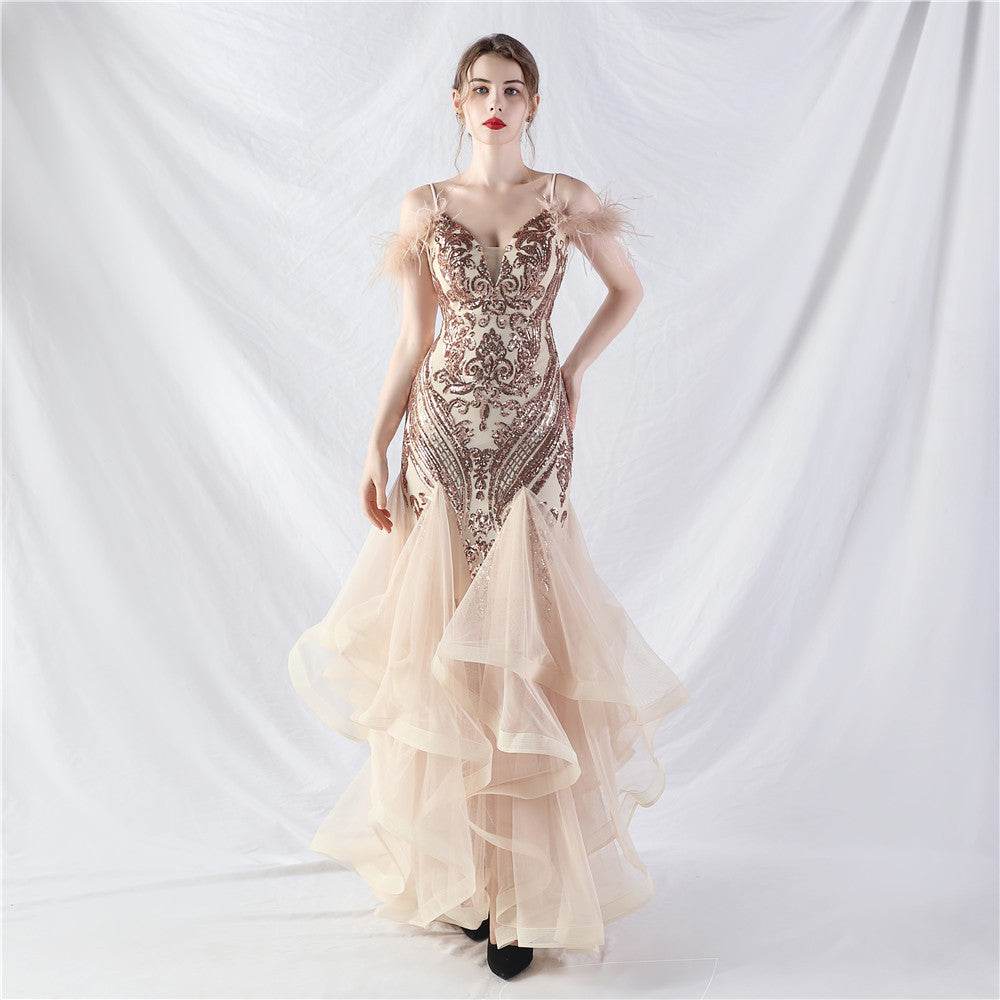 Craft Order Ostrich Feather Hard Mesh Positioning Floral Sequin Stitching Mesh Dance Performance Dress Gold