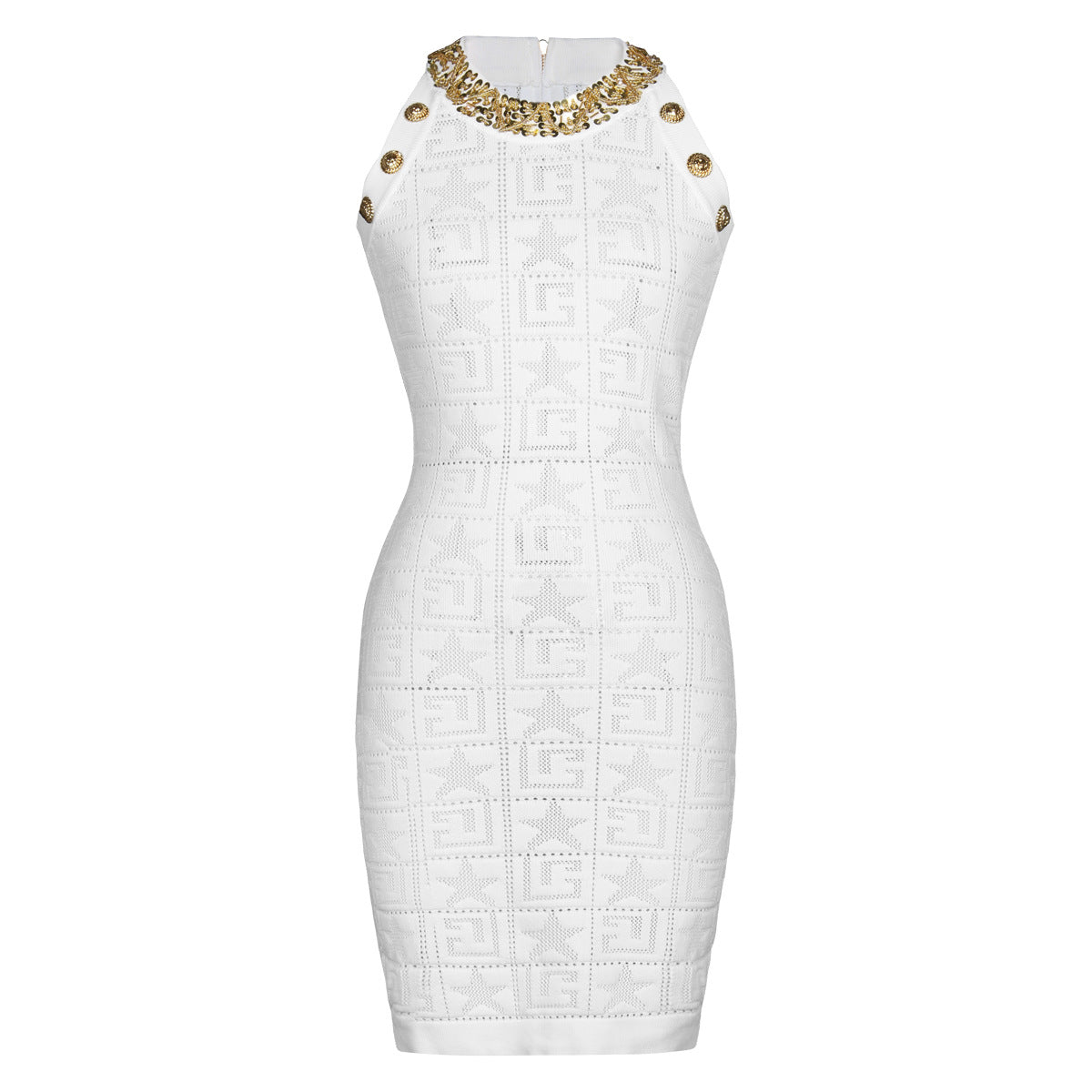 Summer Sleeveless Heavy Industry Beads Slim Fit Mid Length Knitted Dress Back Zipper White