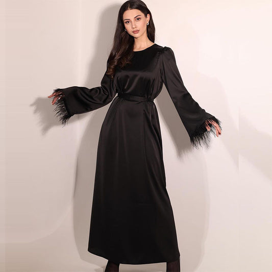 Satin Elegant round Neck Stitching Feather Cuff Lace up Maxi Dress