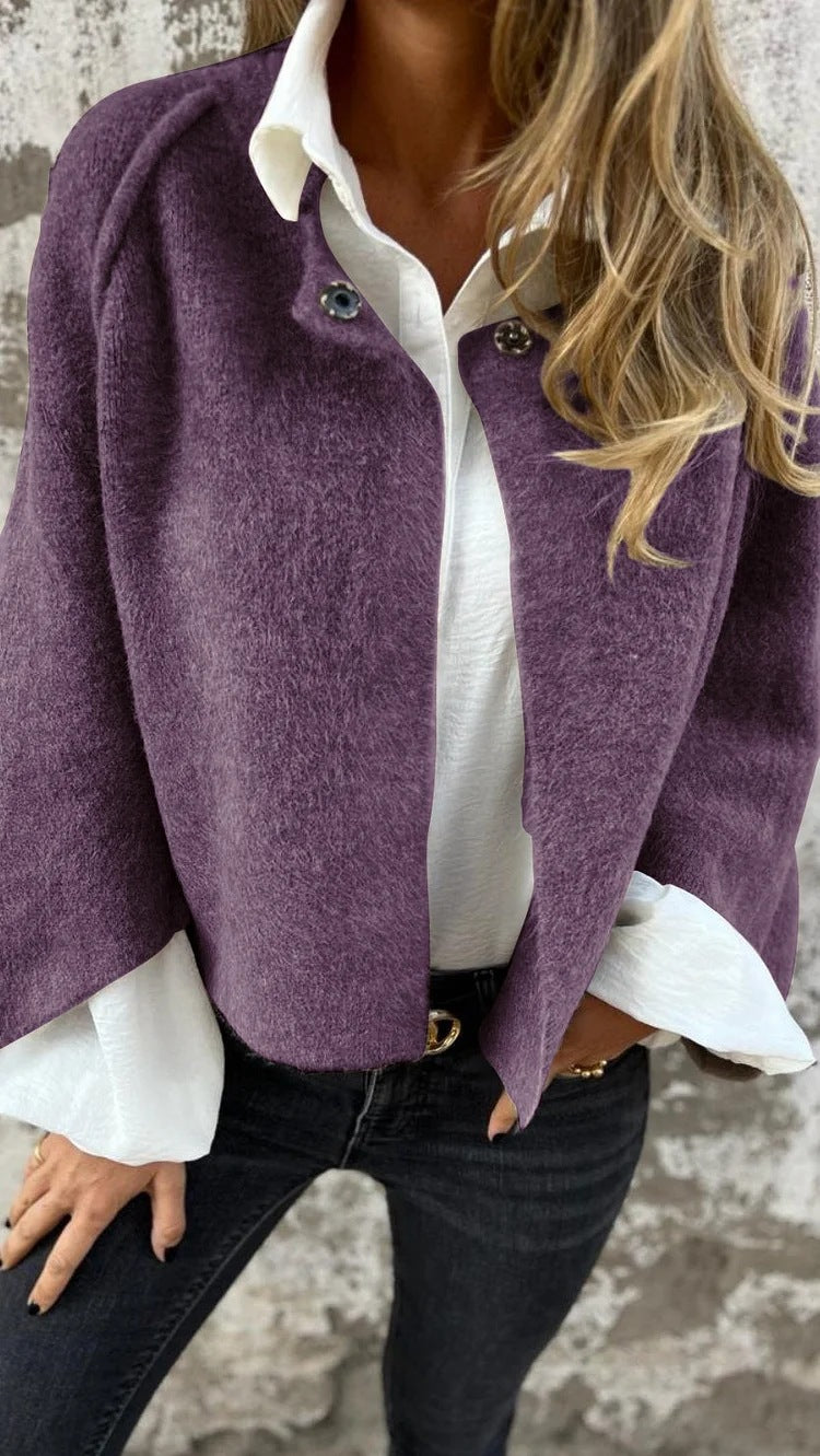 Autumn Winter Loose Short Cashmere Long Sleeve Coat Purple