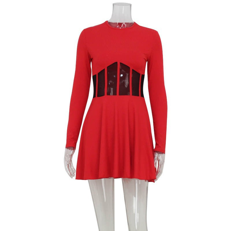 Fall Women Clothing Half High Collar Long Sleeves Mesh Patchwork See through Boning Corset Tight Waist Short Dress Red